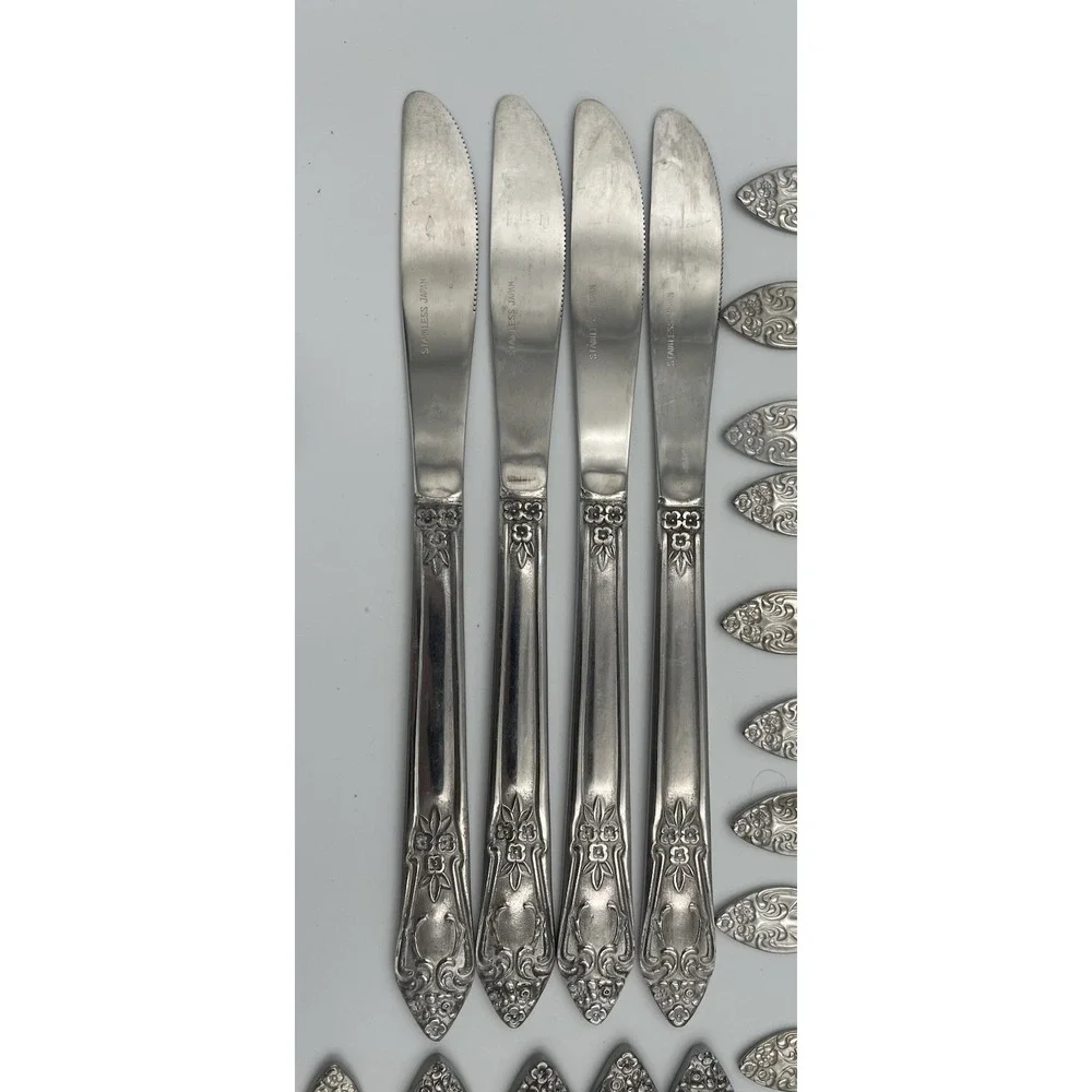 Vtg. 41 Piece Rogers Co. Japan Stainless Flatware Rose Pattern Knife Fork Spoon